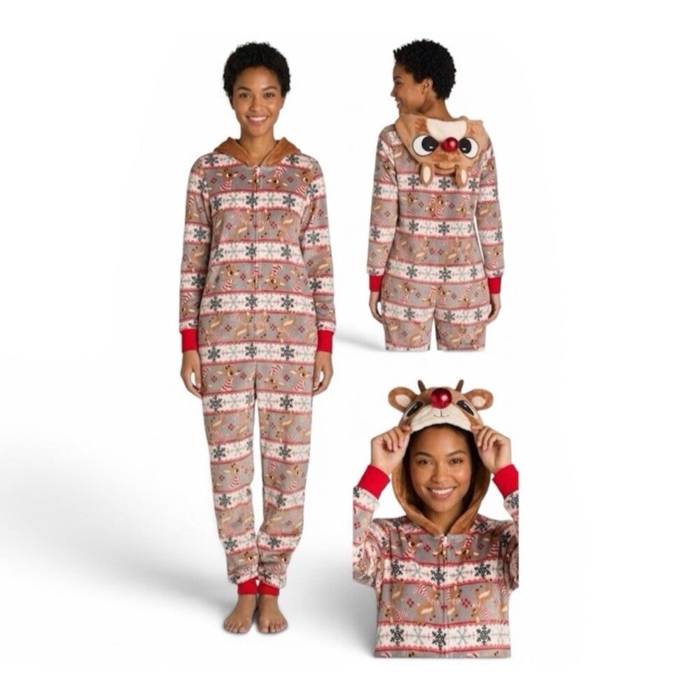 Rudolph the Red-Nosed Reindeer Union Suit Womens L Gray Red Fair Isle Pajamas